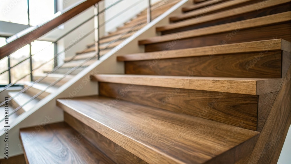 Aufkleber A closeup of a floating step at an angle shows the depth and dimension of the treads where subtle variations in wood color create an inviting and warm atmosphere.