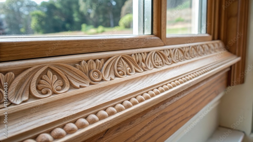 Poster a closeup of a decorative trim piece attached to a window frame with fine details in the carving emp