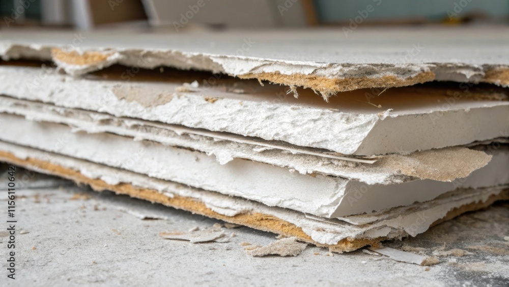 Poster a closeup of a collapsed drywall sheet revealing layers of paper and gypsum some edges frayed and to