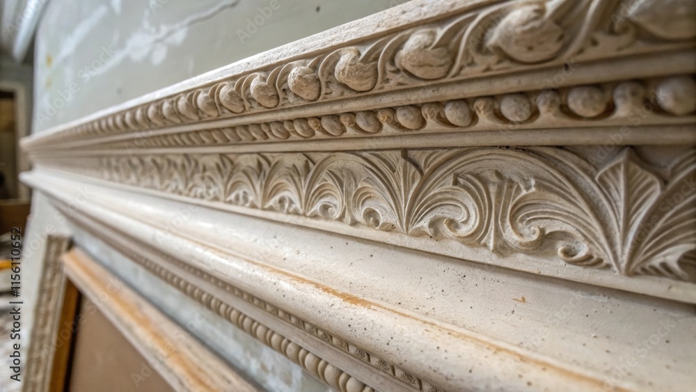 Poster A closeup of a detailed crown molding section shows intricate carvings partially hidden under layers of dust with a single fallen paint flake caught in the grooves.