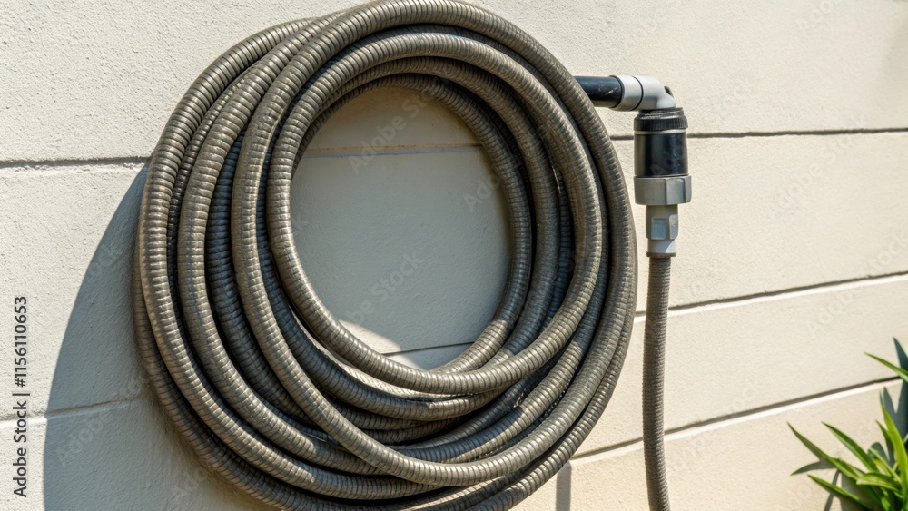 Poster A closeup of a coiled hose attached to an unseen device the textured surface of the hose juxtaposed against the smooth unfinished wall behind it.