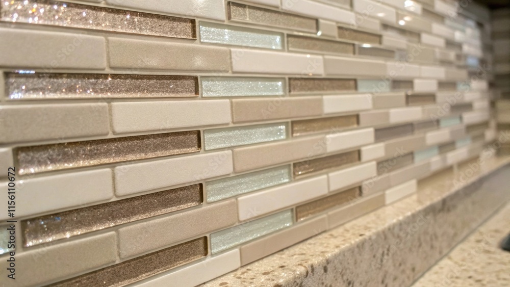 Poster A closeup of a backsplash featuring elongated vertically stacked tiles in neutral tones with a thin line of sparkling glass tiles providing an elegant transition.