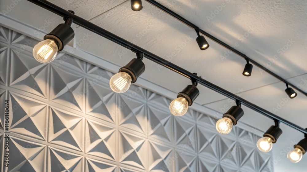 Aufkleber A closeup image shows multiple bulb holders on a sleek track lit against a matte white ceiling with shadows casting a geometric pattern on the wall behind.