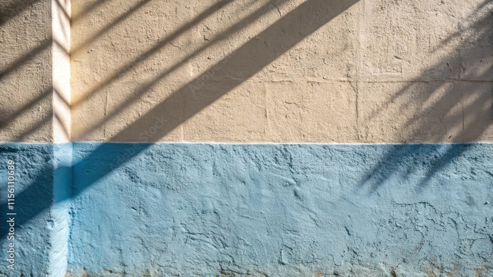 Poster A closeup image showing a section of the wall with a test patch of pale sky blue highlighting the interplay of light and shadow on the rough surface.