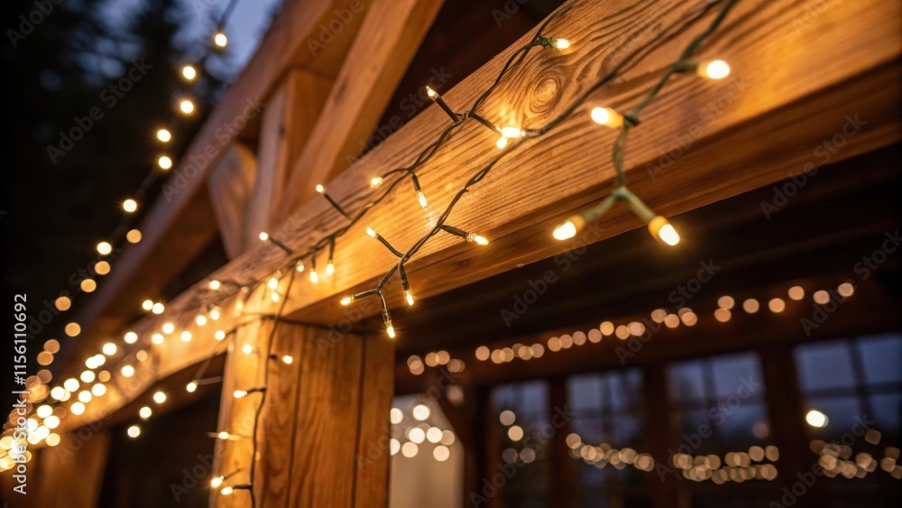 Poster A closeup of a beam adorned with ling fairy lights wrapped around it casting a magical ambiance in the evening while the natural wood remains as the highlight of the room.