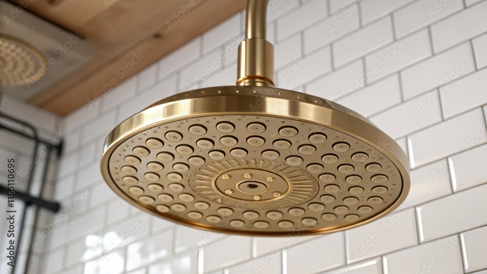 Aufkleber a closeup of a brushed gold shower head intricately designed with circular patterns glistening under