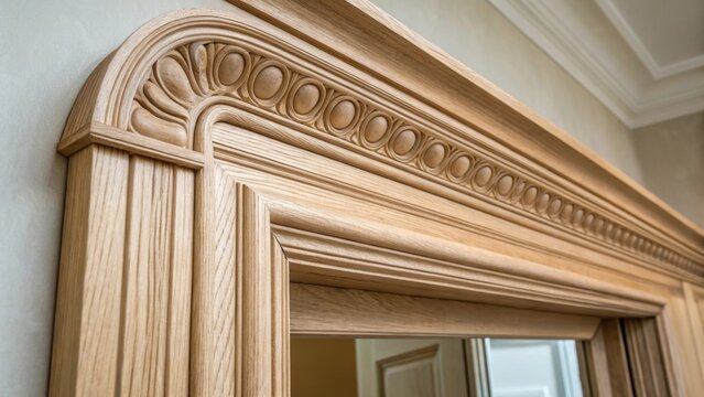 A closeup of a beautifully crafted architrave its curves and angles elegantly captured a tered remnants of unfinished wood trim.
