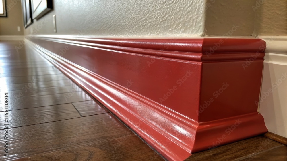 Poster A close shot of a painted baseboard top edge the glossy finish glimmers in the light accentuating the contrast between the smooth surface and the slightly textured wall behind it.