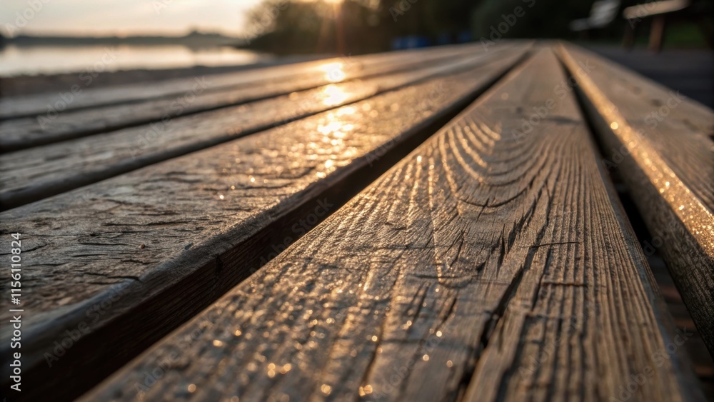 Poster a close perspective of a wooden slat with a glow from ambient light reflecting off its surface revea