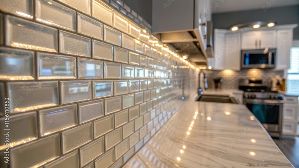 Poster A close proximity to a shimmering glass tile backsplash with reflections of the surrounding kitchen lighting creating an illusion of depth and a luxurious feel.
