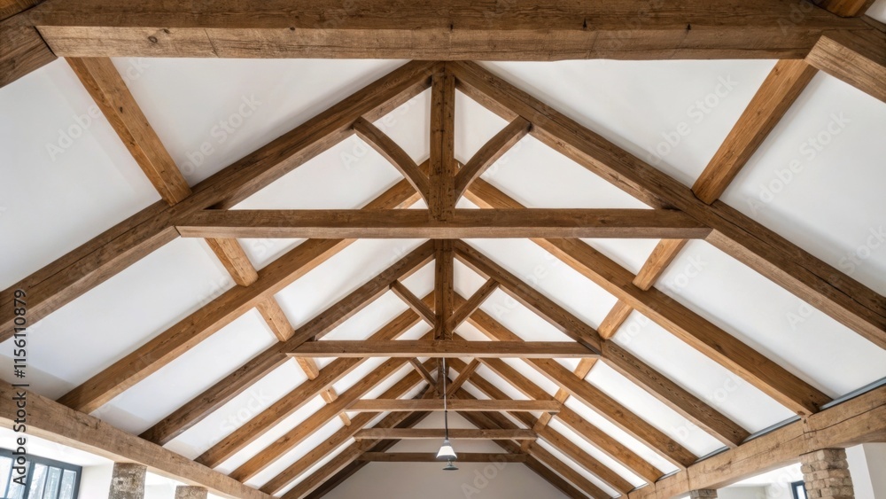 Poster A closer look at a of exposed beams showcases the varying widths and heights emphasizing the lofts unique architecture framed by elegant minimalist decor.