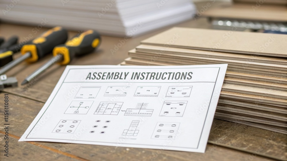 Aufkleber A close look at the assembly instructions alongside a pile of laminate boards hinting at the installation process with tools partially visible.