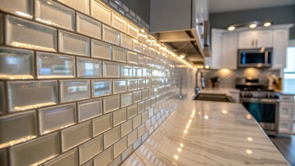 A close proximity to a shimmering glass tile backsplash with reflections of the surrounding kitchen lighting creating an illusion of depth and a luxurious feel.