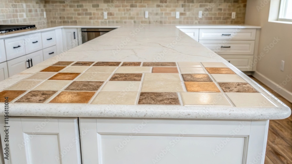 Aufkleber a clean expansive white kitchen counter with a few tered earthytoned tiles in various shapes and siz