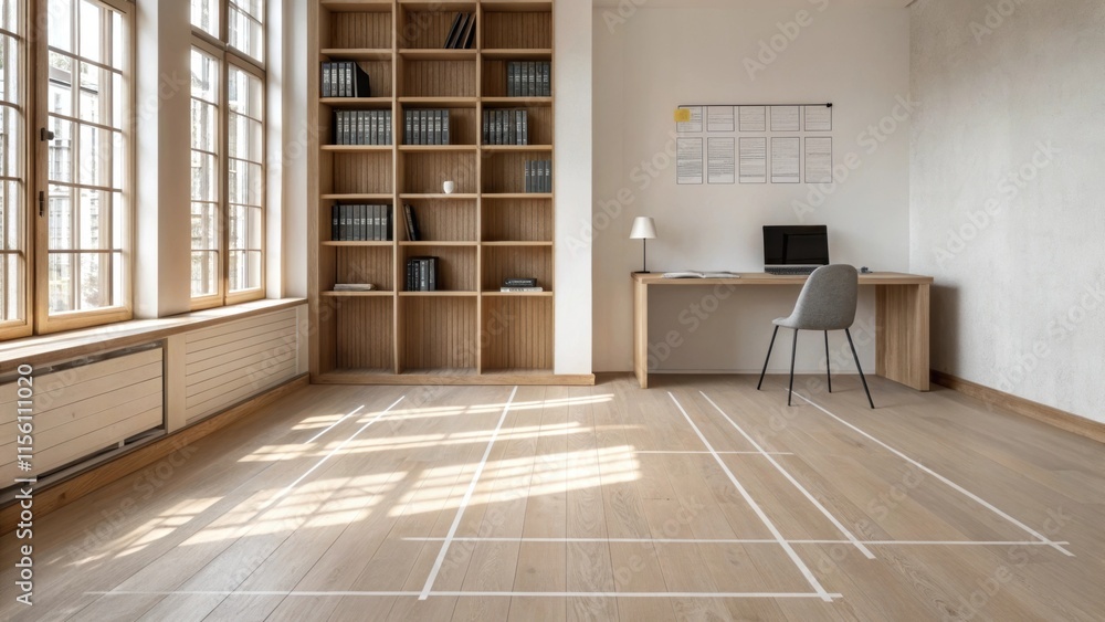 Aufkleber a clean canvas featuring light wood flooring with chalk outlines marking the spots for a prominent b