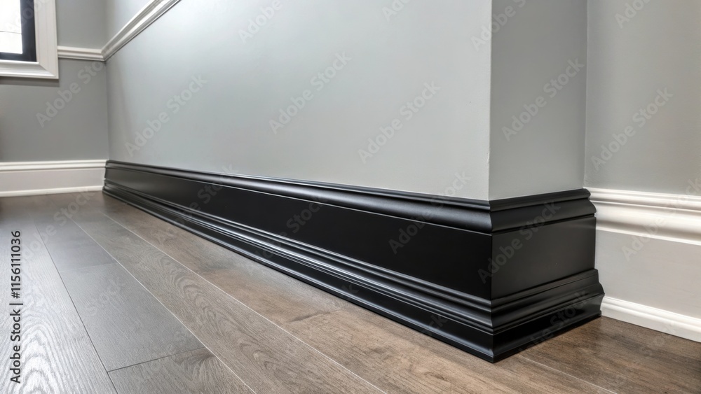 Poster A chic black baseboard accents a soft gray wall creating a striking visual element that defines the rooms modern aesthetic and adds depth.
