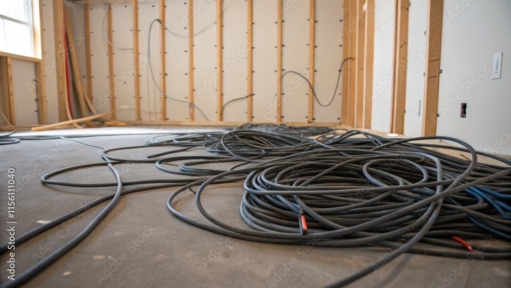 Poster a chaotic arrangement of electrical cords lying haphazardly on the floor amidst a backdrop of expose