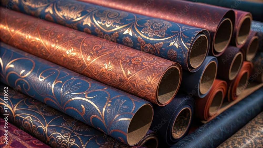 Poster A chaotic tower of wallpaper rolls with rich deep hues of indigo and copper the glossy finish reflecting a warm light that highlights the sheen and depth of the patterns.