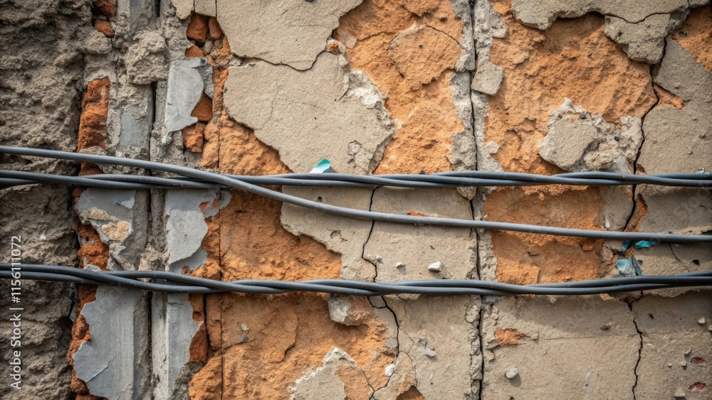Aufkleber abstract closeup of rugged wall surface with wires jutting out at odd angles contrasted by tiny frag