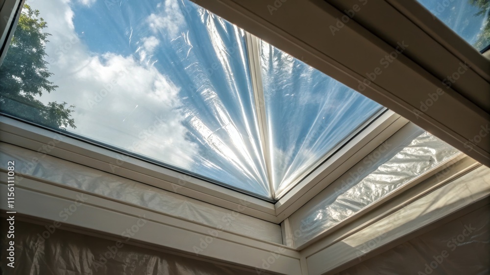 Poster a birds eye view of the skylight shows the protective plastic folded slightly creating texture and m