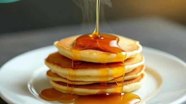 Close-up of maple syrup pouring over a stack of golden pancakes on a white plate, against a blurred grey background.