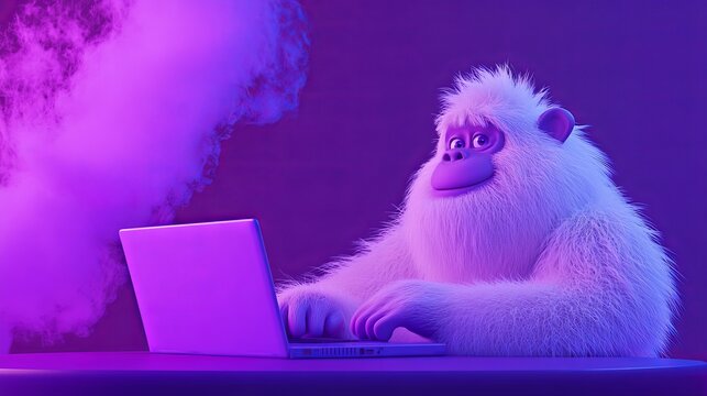 A laptop sits in front of a purple yeti