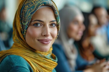 A cheerful woman in a yellow hijab smiles during a meeting in a professional setting. She appears confident and engaged with colleagues in the background. - Powered by Adobe