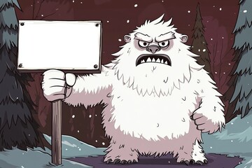 Envision a menacing bigfoot sasquatch or snow yeti, or a despised big foot snowman with an open mouth, portrayed as a comical figure with text space and parts, holding a sign.