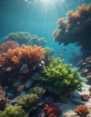 Naklejka premium Fish swimming above coral reef with wavy seaweed, tropical ocean, coral