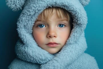 A young child with blue eyes wearing a fluffy blue hoodie with bear ears, looking directly at the camera against a soft blue background. 