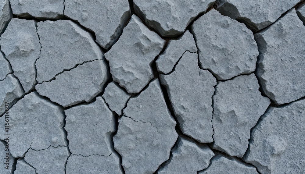 Poster close-up view of rough gray stone texture. deep cracks crisscross irregular shapes. natural surface.
