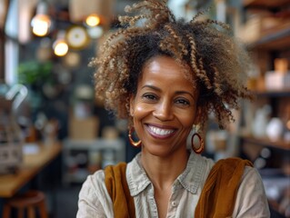 Obraz premium A cheerful person with curly hair smiling warmly, set against a blurred background in a cozy atmosphere.