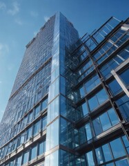 Glass and steel high-rise office building amidst clear blue sky, , office high rise