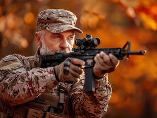 Fototapeta premium An unrecognizable middle-aged special forces soldier is aiming with a rifle against a vibrant autumn backdrop, conveying a sense of focus and readiness.