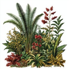 Lush tropical foliage illustration featuring palm trees, ferns, and red flowers.