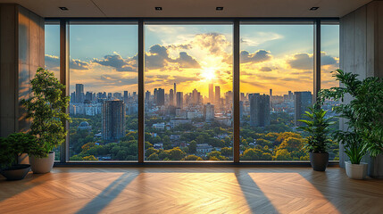 modern living room with a view, interior of a modern hotel, sunset at the marina