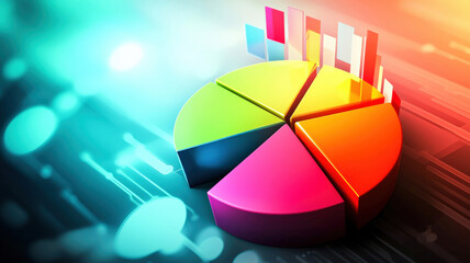 Fototapeta premium A 3D pie chart featuring vibrant color segments, with data points floating above each segment, creating a dynamic and engaging visual, perfect for business presentations and financial reports.