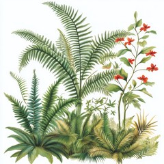 Lush tropical foliage with vibrant red flowers and ferns.