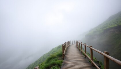 Fototapeta premium Wooden walkway winds through foggy mountain top in morning. Misty landscape offers tranquil view. Nature scene evokes peaceful journey. Scenic footbridge in rich plants. Pathway meanders on tilted
