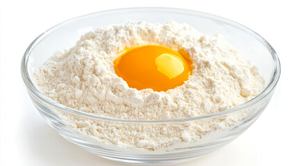 Captivating golden egg yolk nestled in a mound of white flour fills a glass bowl in this high angle food composition, perfect for culinary inspiration