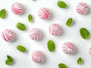 Obraz premium peppermint candies and mint leaves arranged in a repeating pattern on a white background, creating a visually appealing and refreshing image for branding or packaging