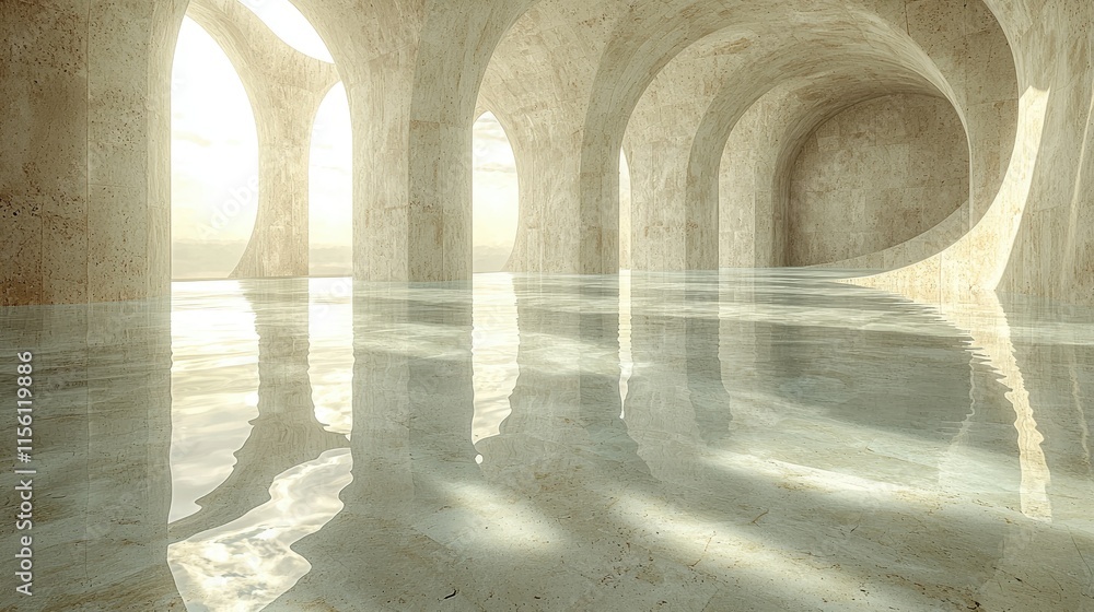 Aufkleber a serene, reflective space with smooth surfaces and gentle light creating a tranquil atmosphere.