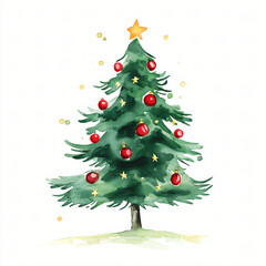 Fototapeta premium A watercolor Christmas tree painting illustration isolated on a white background, a Christmas tree with snow and baubles illustration, ai
