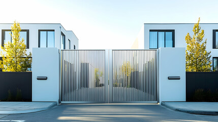 Modern pivot-style aluminum gate with vertical slats and concealed mechanism, leading to an upscale urban townhouse