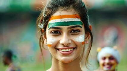 Cheerful Indian woman in tricolor face paint at sports event, cheering for team, stadium backdrop.
