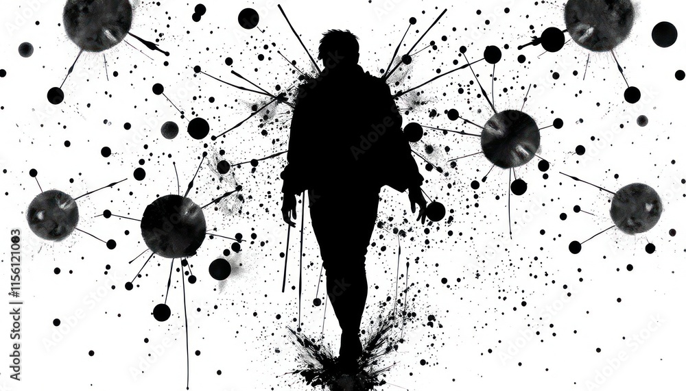 Poster abstract silhouette of person walking in ink splatters and splashes. dynamic modern art piece. movem
