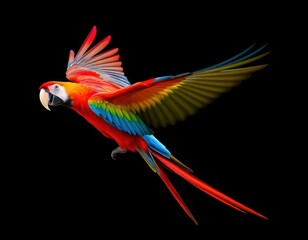 Fototapeta premium Colorful scarlet macaw in flight against black background. Vivid vibrant colors of feathers, beak. Majestic bird in action. Exotic, beautiful nature scene. Perfect for design purposes nature lovers.