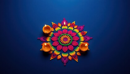 Diwali celebration depicted by rangoli design with three lit diyas. Bright colorful rangoli pattern on dark midnight blue background. Symmetrical arrangement. Copy space available for ad or promo.