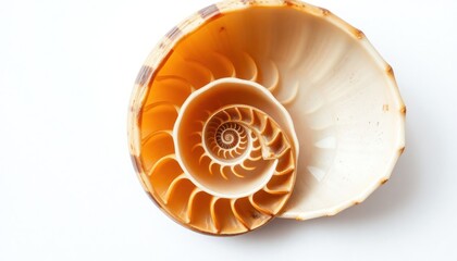 Obraz premium Nautilus shell shows intricate spiral structure. Chambered internal structure visible. Natural beauty of seashell. Marine life show in nature. Oceanographic study. Unique design of mollusc shell.