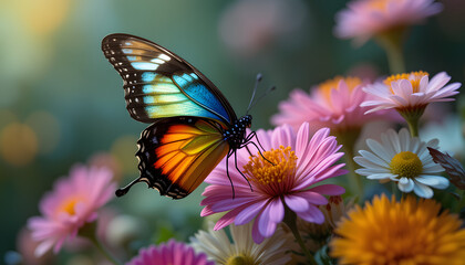 Obraz premium A colorful butterfly perched on a bouquet of flowers, ready for its next adventure